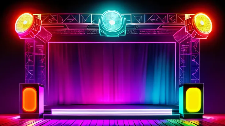 criar um ambiente de disco on 70,80s , eletronic style, stage, lights, power speakers,amplicadores de som,equelizadores, no figures no ambiente, color lights decoration, unique disco