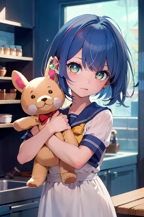 ((best quality)), ((masterpiece)), (detailed), A chibi-style anime girl with short blue hair, big sparkling green eyes, and a sailor , holding a plush toy.