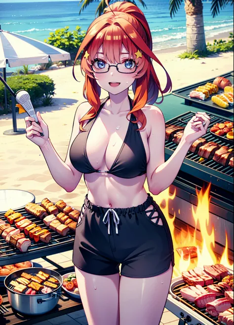 itsukinakano, Itsuki Nakano, bangs, blue eyes, Hair between the eyes, Ahoge, Redhead, star (symbol), hair ornaments, star hair ornaments,Baseball hats,ponytail,Black-rimmed glasses,happy smile, smile, Open your mouth,Red Bikini Swimsuit,Shorts,barefoot,Swe...