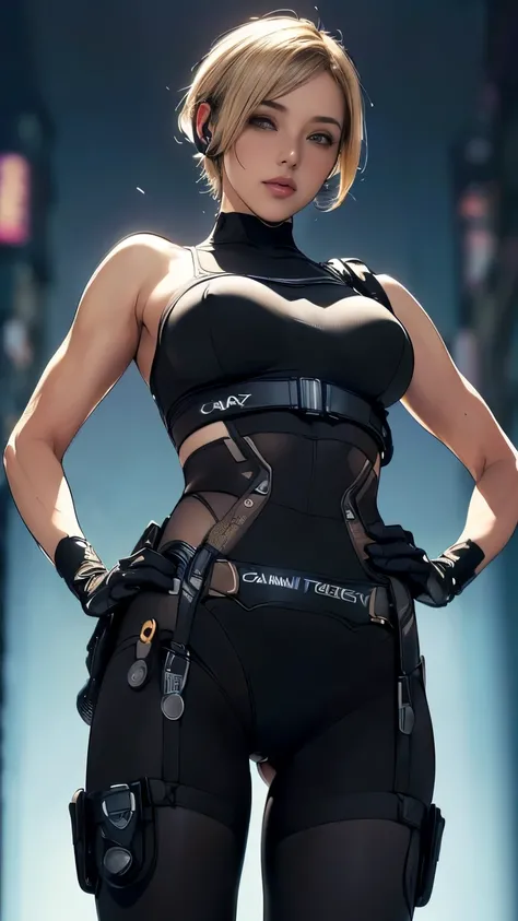 (A woman),(((Future female police officer standing))),((Black Tactical Tights:1.5)),((Camel toe:1.5)),((earphone:1.5)),((Tactical Holster:1.5)),(Gloves:1.5),(((Hands on hips:1.5))),(front:1.5),(From below:1.2),(Super short hair:1.5),(Blonde:1.5),(beautiful...