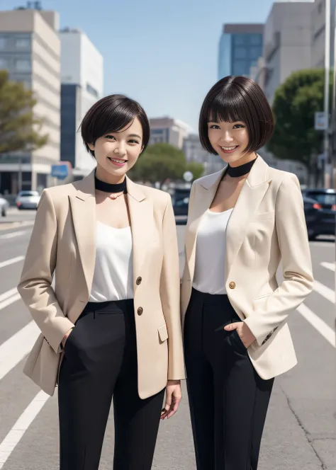 Highest quality, Photorealistic,Two young women standing side by side、Outdoor,Short Haircut、smile、Beautiful teeth alignment、 Black suit, Are standing, Jacket, Pants Style、 Beige Stockings, Recruitment Suit,,, pumps,

