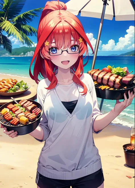 itsukinakano, Itsuki Nakano, bangs, blue eyes, Hair between the eyes, Ahoge, Redhead, star (symbol), hair ornaments, star hair ornaments,Baseball hats,ponytail,Black-rimmed glasses,happy smile, smile, Open your mouth,Red Bikini Swimsuit,Shorts,barefoot,Swe...