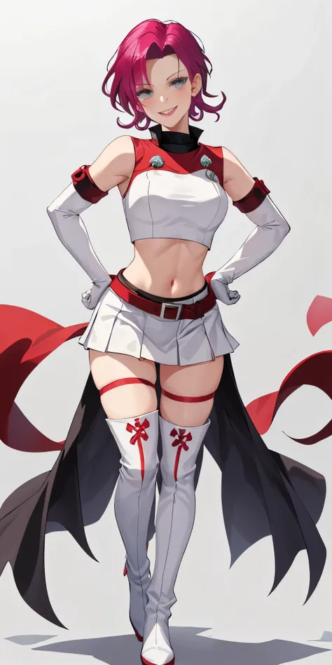 (((1 girl))) short hair, earings ,glossy lips ,team rocket uniform, red letter R, white skirt, white crop top, black thigh-high boots, black elbow gloves, evil smile, looking at viewer, cowboy shot, arms crossed, full body photo Mercedes von Martritz (Fire...