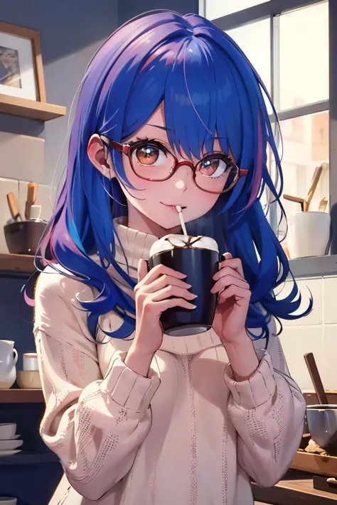 ((best quality)), ((masterpiece)), (detailed), A cheerful anime girl with curly pink hair, big brown eyes, and glasses, wearing a cozy sweater and holding a cup of hot chocolate.