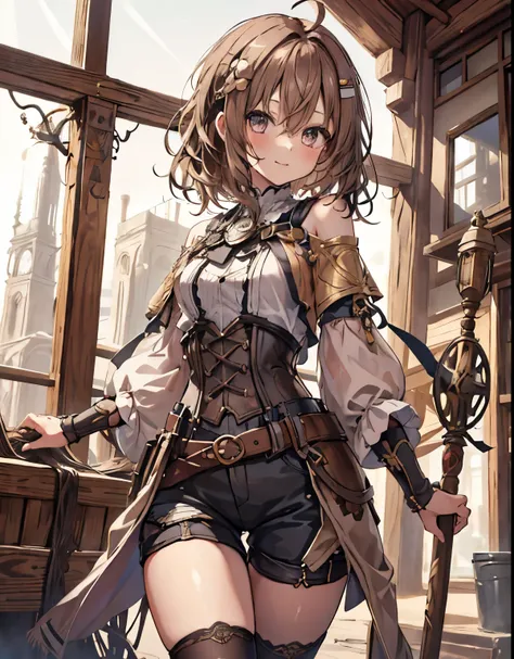 masterpiece, 1girl, sparrow, a brown haired girl, wearing a adventurer clothes, curly short hair, messy hair, slim body, he clos...