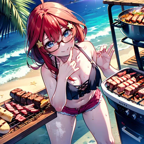 itsukinakano, Itsuki Nakano, bangs, blue eyes, Hair between the eyes, Ahoge, Redhead, star (symbol), hair ornaments, star hair ornaments,low twin tail,Black-rimmed glasses,happy smile, smile, Open your mouth,Red Bikini Swimsuit,Shorts,barefoot,Sweat,Beach,...