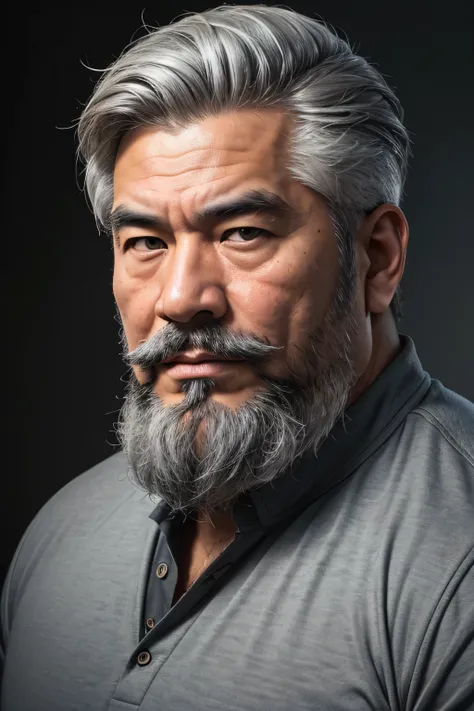 (8K, high definition, high quality, highly detailed) Chubby-faced handsome Asian. gray hair. headshot. not looking at the camera. dramatic lighting. full gray beard. thick gray mustache.