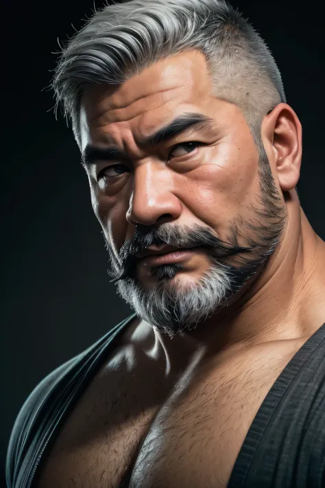 (8k, high definition, high quality, highly detailed) chubby-faced handsome asian. gray hair. headshot. not looking at the camera...