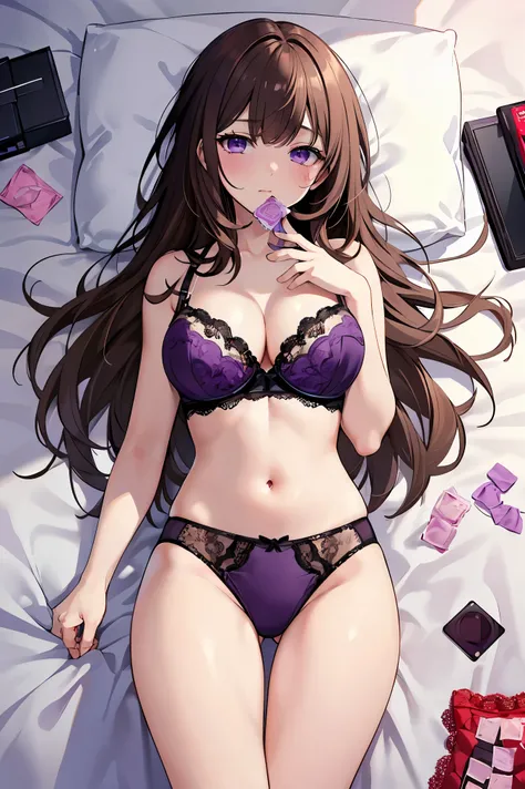 masterpiece,Highest quality,High resolution,figure,Super detailed,8k CG wallpaper,Ray Tracing,((Brown Hair:1.2)),((Purple eyes:1.2)),((Long Hair:1.3)),((Straight hair:1.3)),Medium chest,(Urgent 1:0.8),Condom in the mouth,Used Condoms,Cleavage,Apply blush a...