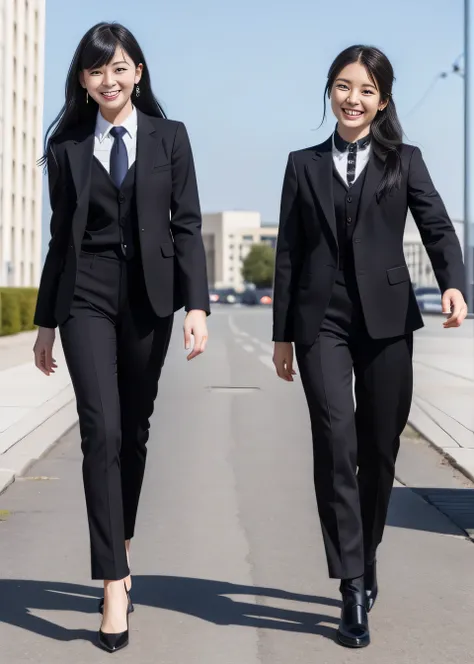 Highest quality, Photorealistic,Two young women standing side by side、（Full body photo）、Outdoor,、Black Hair、Ear piercing、smile、Beautiful teeth alignment、 Black suit, Are standing, Jacket, Pants Style、Recruitment Suit,,, pumps, Task in Progress50%
