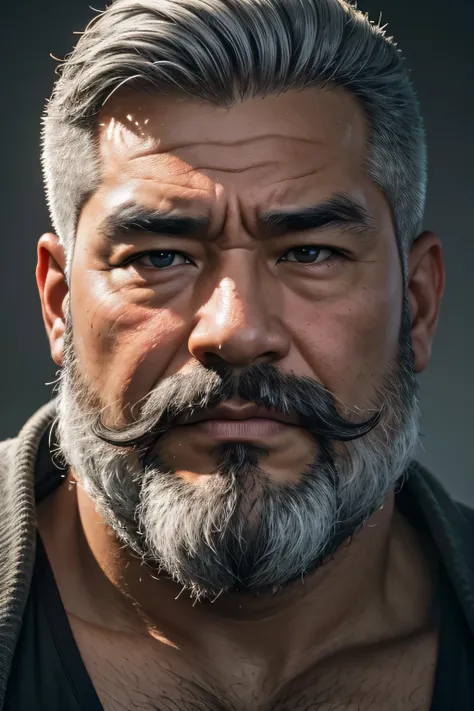 (8k, high definition, high quality, highly detailed) chubby-faced handsome asian. gray hair. headshot. not looking at the camera...