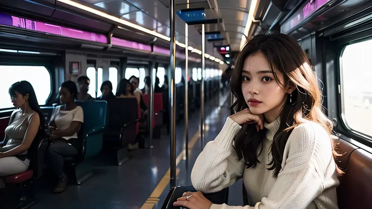 Hyperrealistic, cinematic quality, futuristic train footage. Cyberpunk atmosphere. Hyper-futuristic and colorful lighting. A mix of antique and hyper-futuristic inside the train. The seats are crowded with passengers. Scene: The woman is happy with her han...