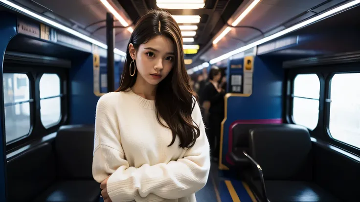 Hyperrealistic, cinematic quality, futuristic train footage. Cyberpunk atmosphere. Hyper-futuristic and colorful lighting. A mix of antique and hyper-futuristic inside the train. The seats are crowded with passengers. Scene: The woman is happy with her han...