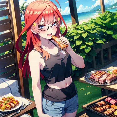 itsukinakano, Itsuki Nakano, bangs, blue eyes, Hair between the eyes, Ahoge, Redhead, star (symbol), hair ornaments, star hair ornaments,Baseball hats,Black-rimmed glasses,happy smile, smile, Open your mouth,Red Tank Top,Belly button,Shorts,barefoot,Sweat,...