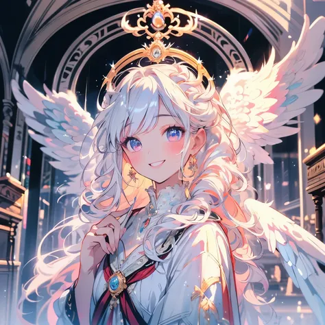 Masterpiece、(((Angel))),White Hair、Detail eyes、smile,((White wing))、ring on head,wearing european antique clothes,Upper Body、in the european church