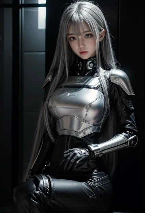 cyber angel,machine wing,{{Sci-Fi Armor}},cyber suit,cyberpunk,science fiction,cyber battle armor,Battledress,Military Uniforms,pants,black military uniform,whole body,Height: 168cm,almond shape eyes,{{{{{silver eyes}}}}},{{{{{dull bangs}}}}},(slanted eyes...