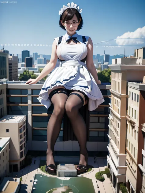 multiple girls, giantess art, highly detailed giantess shots, giantess, most detailed, perfect face, Two legs, Five fingers, short hair, A beautiful girl who is bigger than a skyscraper, Wearing rimless glasses, smile, huge breasts, Maid clothes, Black Pan...