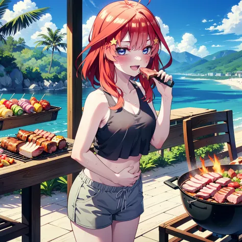 itsukinakano, Itsuki Nakano, bangs, blue eyes, Hair between the eyes, Ahoge, Redhead, star (symbol), hair ornaments, star hair ornaments,Baseball hats,happy smile, smile, Open your mouth,Red Tank Top,Belly button,Shorts,barefoot,Sweat,Beach,barbecue,cookin...