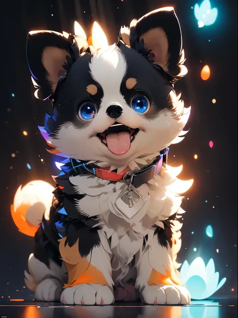 (Masterpiece:1.2, high quality),adorable small black shih tzu puppy, cute black fluffy dog, fluffy, glasses, big round eyes, full of color, splash of paints, shih tzu,, pixar,( big eyes:1.2), (happy:1.2), smile, 3d render, 8k, 4k, (colorful:1.4), orange, y...