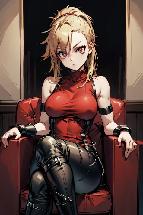 (masterpiece, best quality:1.2), red glowing eyes, red eyes, the eyes are red, perfect face, strong make up, highres, 1 girl, ultra long ponytail, (female:1.5), strife, blonde hair streaked with lots of red highlights, two colors hair (blond and red), high...