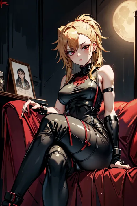 (masterpiece, best quality:1.2), red glowing eyes, red eyes, the eyes are red, perfect face, strong make up, highres, 1 girl, ultra long ponytail, (female:1.5), strife, blonde hair streaked with lots of red highlights, two colors hair (blond and red), high...