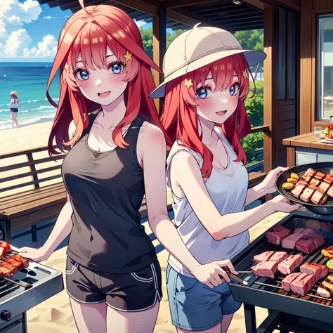 itsukinakano, Itsuki Nakano, bangs, blue eyes, Hair between the eyes, Ahoge, Redhead, star (symbol), hair ornaments, star hair ornaments,Baseball hats,happy smile, smile, Open your mouth,Red Tank Top,Belly button,Shorts,barefoot,Sweat,Beach,barbecue,cookin...