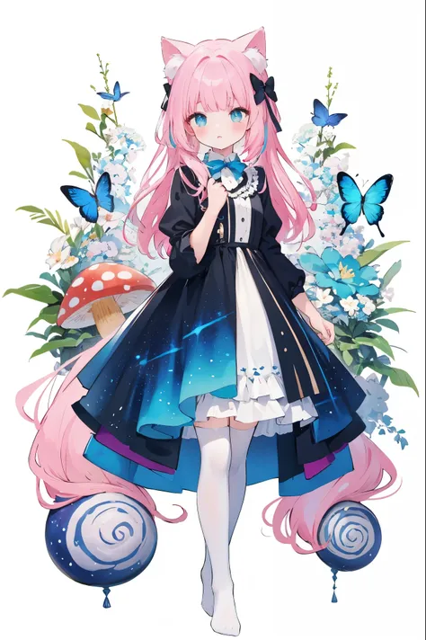 (Highest picture quality),(Master******),(Detailed eye description),(8K wallpaper),(swirl:1.3), beautiful girl,(cat ears:1.2),(pink hair),bowtie on neck,blunt bangs,blue eyes, (1980s),(Detailed face description), (white background:1.4),(mid shot:0.95),(ful...