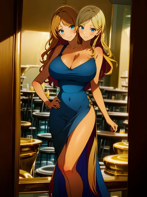 (16K), (2heads:1.5), 1girl,  two headed woman, smiling, highres, masterpiece, ((red hair)), ((blue hair)), ((different hair color)), cleavage, ((golden yellow dress:1.5)), lustrous and smooth skin, (mature woman), (blue eyes), ((queen dress)), seductive si...