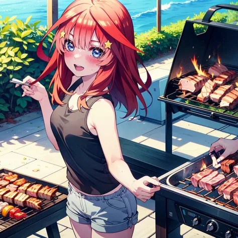 itsukinakano, Itsuki Nakano, bangs, blue eyes, Hair between the eyes, Ahoge, Redhead, star (symbol), hair ornaments, star hair ornaments,Baseball hats,happy smile, smile, Open your mouth,Red Tank Top,Belly button,Shorts,barefoot,Sweat,Beach,barbecue,cookin...
