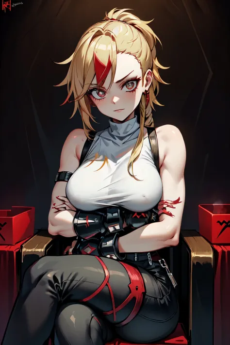 (masterpiece, best quality:1.2), red glowing eyes, red eyes, the eyes are red, perfect face, strong make up, highres, 1 girl, ultra long ponytail, (female:1.5), strife, blonde hair streaked with lots of red highlights, two colors hair (blond and red), high...