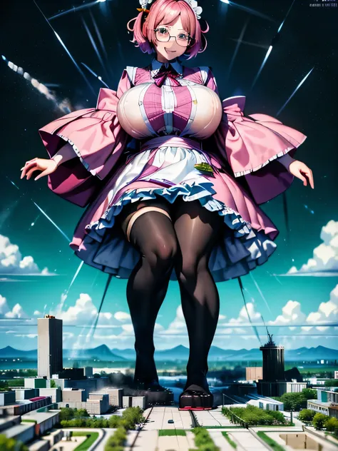 multiple girls, giantess art, highly detailed giantess shots, giantess, most detailed, perfect face, Two legs, Five fingers, short hair, A beautiful girl who is bigger than a skyscraper, Wearing rimless glasses, smile, huge breasts, Maid clothes, Black Pan...