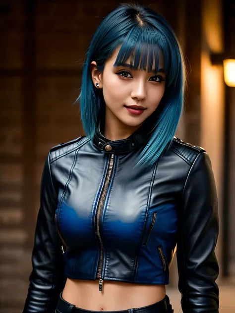 (blue hair:1.4), short hair, realistic green eyes, cobalt hair, long bob hair, tousled hair, shoulder length hair, Full body, woman with white skin and Asian features, 24 year old, big breast. She has a small, elegant nose with a slight upward curve at the...