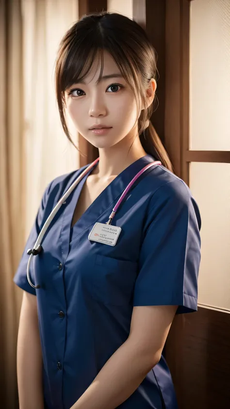 A beautiful young Japanese woman, around 20 years old, wearing a Nurses Uniforms, ultra-detailed, 8K resolution, highly realistic, cinematic lighting, best quality, masterpiece, photorealistic, physically-based rendering, extremely detailed, vivid colors, ...