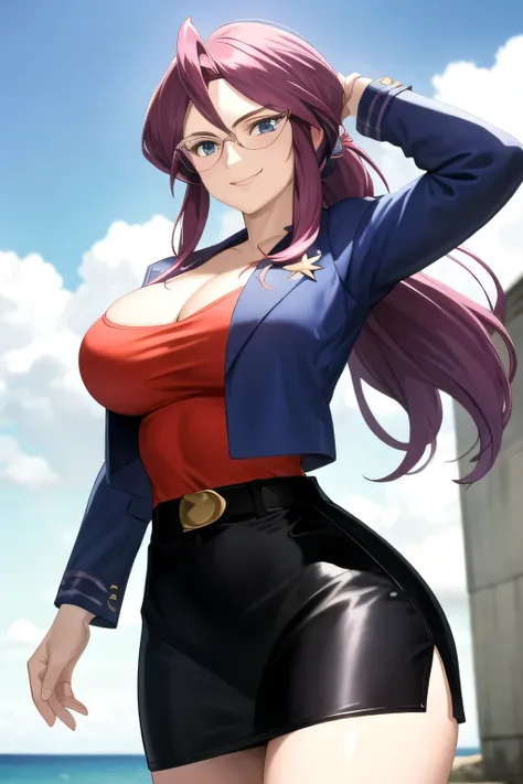 masterpiece, best quality,  animeLorelei, purple hair, blue eyes, hair between eyes, glasses, blue jacket, red shirt, cleavage, belt, pencil skirt, large breasts, cowboy shot, looking at viewer, smile, ocean, furrowed brow