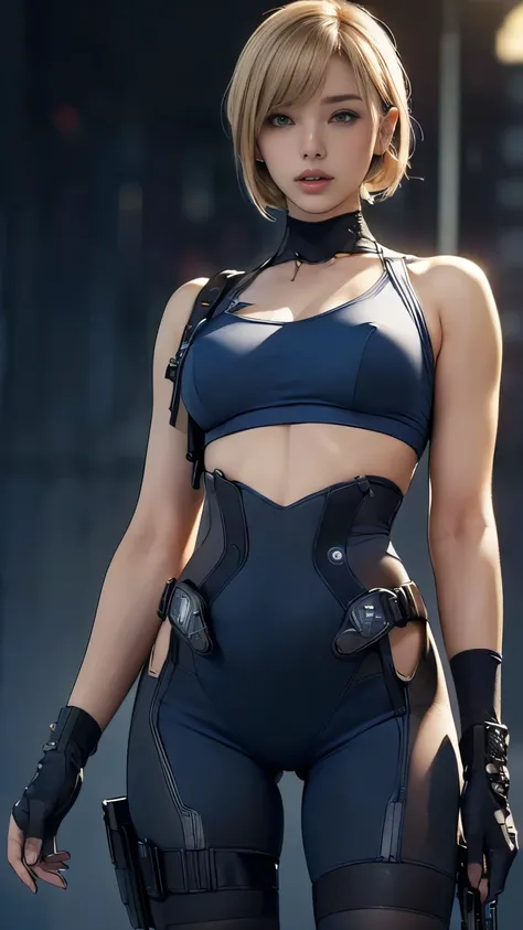 (A woman),(((A female member of the Future Force rides a motorcycle))),((Navy blue tactical tights:1.5)),((earphone:1.5)),((Tactical Holster:1.5)),(Gloves:1.5),(Serious:1.5),(Super short hair:1.5),(Blonde:1.5),(beautiful eyes:1.3),(Very detailedな顔:1.5),((V...