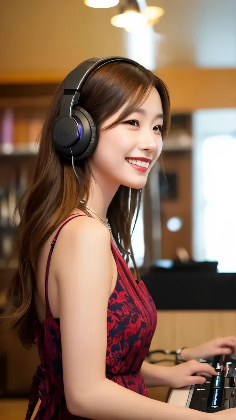 Generate an image of a beautiful hostess DJ wearing headphones and playing cool music。Her vibe is sophisticated and、Please use images that give the impression that you are at the center of the event。brown hair, dress、smile