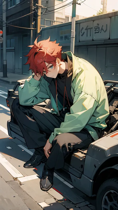 Boy anime sitting in street while having a wreck Background. Make it cold atmosphere 