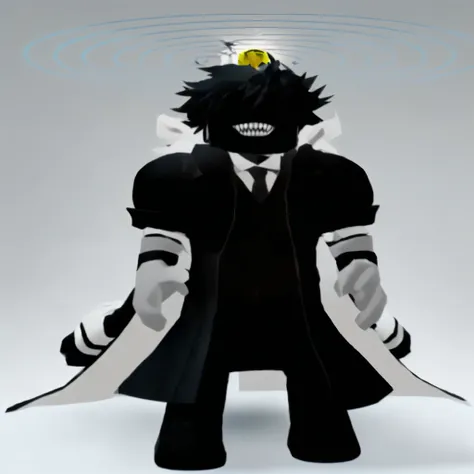 anime character with a black and white outfit and a solar system on it head, roblox avatar, dapper dream demon, dark suit, he is wearing a black, black wings instead of arms, anime vtuber full body model, twisted god with no face, glowing black aura, weari...