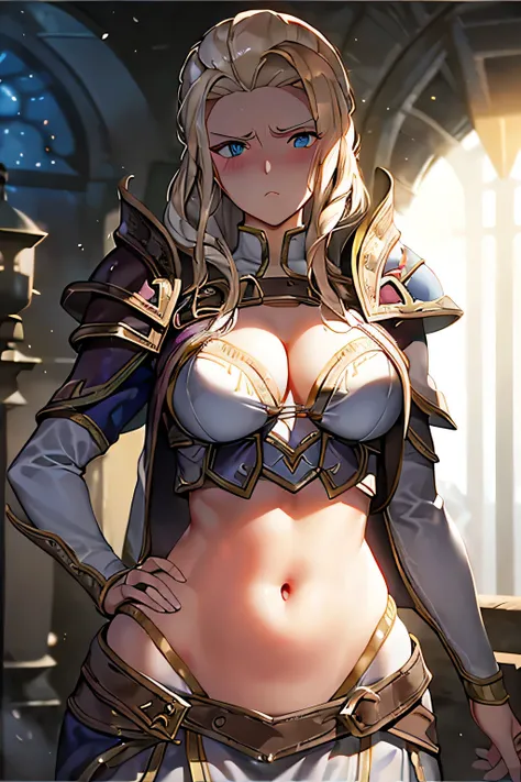 super fine illustration, vibrant colors, masterpiece, sharp focus, best quality, depth of field, ultra detailed, 1girl, solo, blush, annoyed, belly, navel , midriff, stomach, hips, waist cloth, long sleeves, armor, world of warcraft, jaina proudmoore, look...