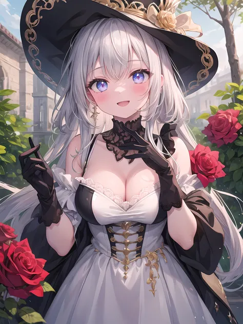 (8k, best quality, master piece: 1.2),super high resolution,1 girl, solo, colorshift eyes, hyperdetailed, expressive eyes, ultra-detailed face,　Renaissance fair costume, Velvet, lace, Purple, gold, Feathered hat, gloves, silver gray hair, Rose garden, Red,...