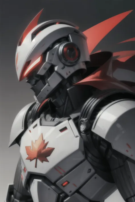 mechanical monster, face, robot, white red black armor, renegade hero. canadian renegade mechanical armor