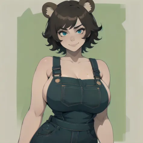 (masterpiece), 1girl, solo, best quality, expressive eyes, perfect face, best quality, kemonomimi, bear ears, animal ears, brown hair, short hair, messy_hair, blue eyes BREAK freckles, huge breasts, hourglass figure, naked overalls, facing viewer, looking ...