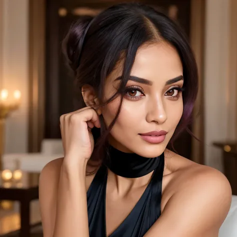 Create an ultra-realistic image of a modern, attractive female influencer of Indian descent, aged between 27 to 30. She should have a warm and inviting smile, expressive almond-shaped eyes with a slight shimmer, and clear, glowing skin with a medium brown ...