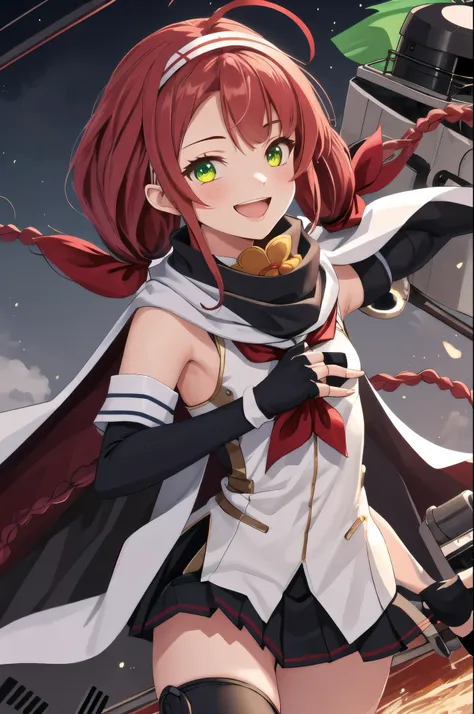 Highest quality, masterpiece, High resolution, 一人in, {Sichuan wind_Kantai Collection:1.15}, length_hair, red_hair, ribbon, hairband, hair_ribbon, 前hair, Ahoge, twintails, Side Lock, low_twintails, asymmetrical_前hair, very_length_hair, smile, green_eye, Ser...