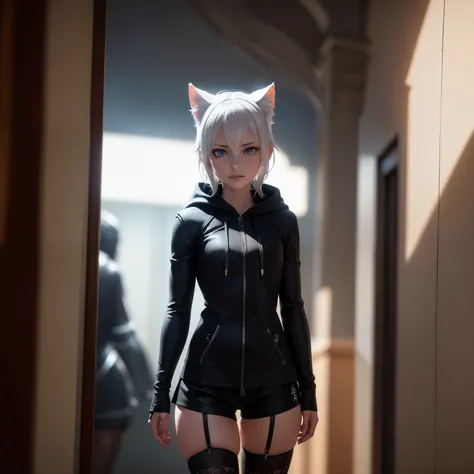 1 girl, character with cat ears, silver hair, short hair, beautiful detailed eyes, beautiful detailed lips, extremely detailed eyes and face, long eyelashes, wearing black hooded outfit, thigh-high stockings, garters, short shorts, (best quality,4k,8k,high...