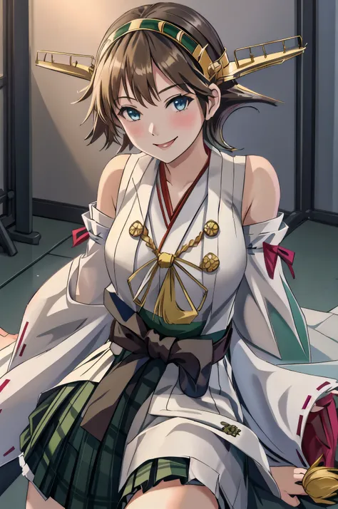 Highest quality, masterpiece, High resolution, alone, {Mount Hiei_Fleet Collection:1.15}, オレンジ色hair, hairband, headgear, Non-traditional_Shrine maiden, smile, green_eye, Inverted up_hair, smile, One Girl, dependent_sleeve, green_skirt, Plaid, Plaid_skirt, ...
