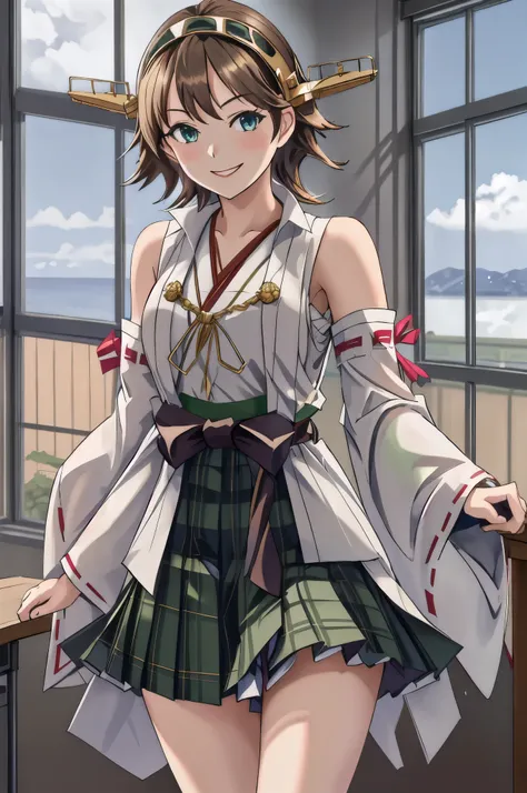 Highest quality, masterpiece, High resolution, alone, {Mount Hiei_Fleet Collection:1.15}, オレンジ色hair, hairband, headgear, Non-traditional_Shrine maiden, smile, green_eye, Inverted up_hair, smile, One Girl, dependent_sleeve, green_skirt, Plaid, Plaid_skirt, ...