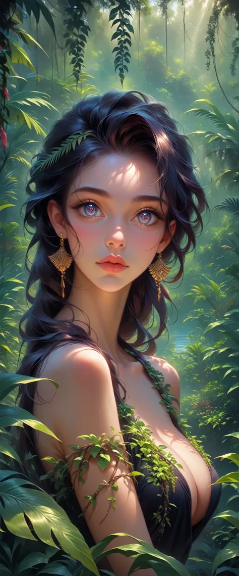 a lush tropical jungle, sunlight filtering through the dense foliage, a sense of adventure and exploration, detailed foliage, mossy rocks, winding creek, animal tracks, beautiful detailed eyes, beautiful detailed lips, extremely detailed eyes and face, lon...