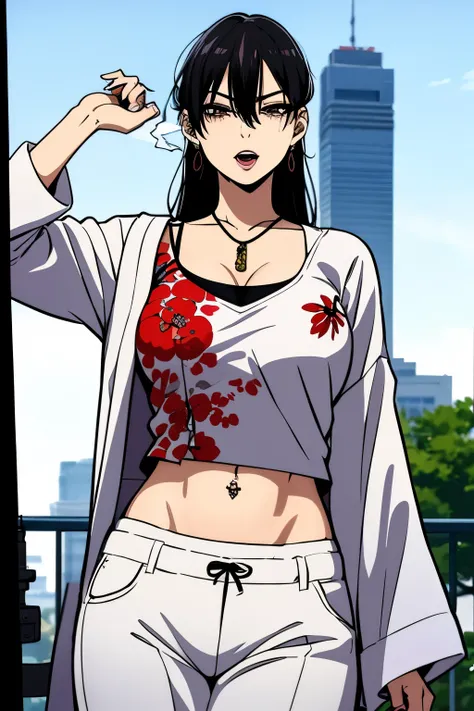 1girl, Dakeda Kaneshiro, tattoo, black hair, masterpiece anime character with long hair and red flowers, inspired by Kusumi Morikage, female anime character, , as a character in tekken, beautiful anime woman, the piercing stare of yuki onna, manhwa, yakuza...