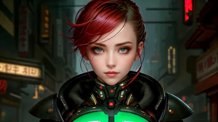 big eyes, proportional lips, red iris, female android, short green tied hair, , villain, she is coming to you, up close, china t...